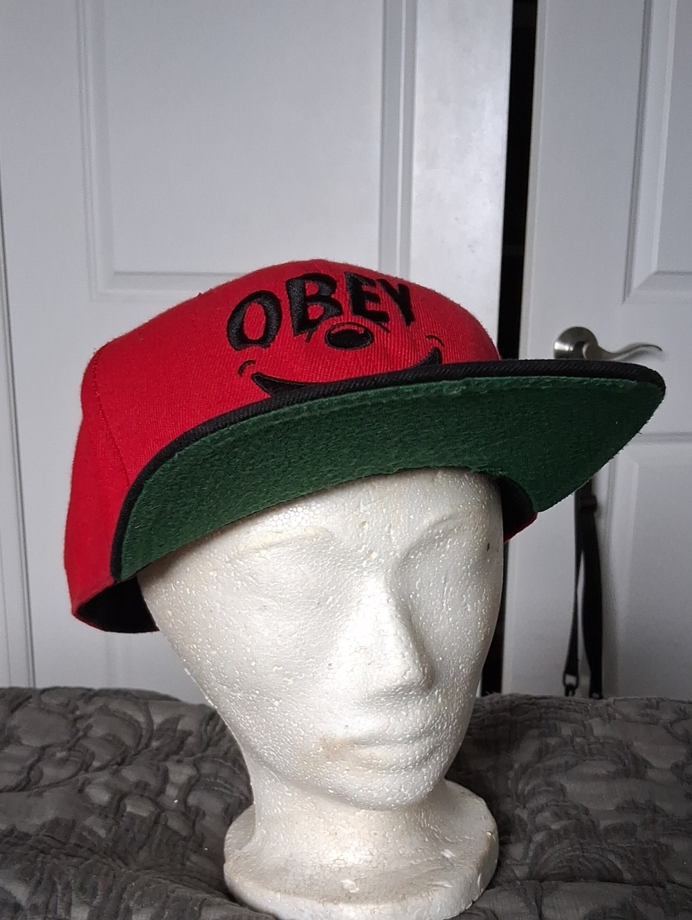 Obey Red Snapback with Green Underside and Black Embroidery